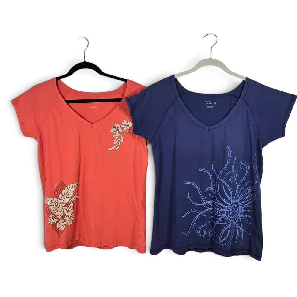 Crazy Shirts T-Shirt Women Lrg 2pk Navy Coral V-Neck Graphic Pima Cotton Hawaii